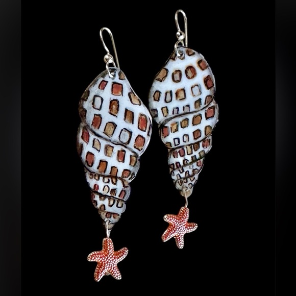 Junonia shell handpainted lightweight seashell earrings sterling wires charm - Picture 3 of 5